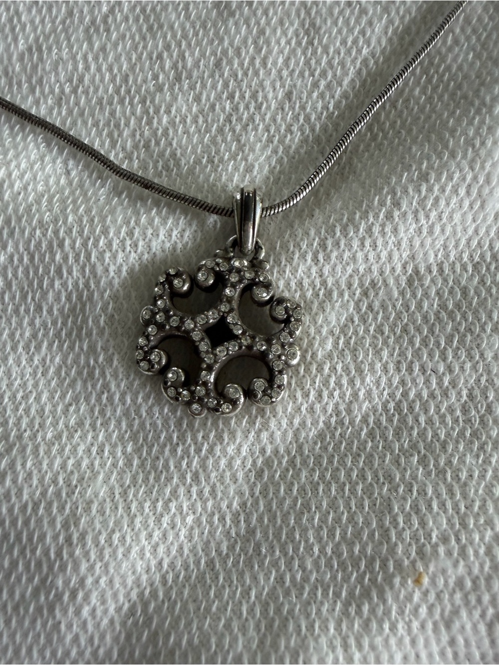 Brighton Silver Tone Crystal Scroll Pendant Necklace Heart Clasp Adjustable
